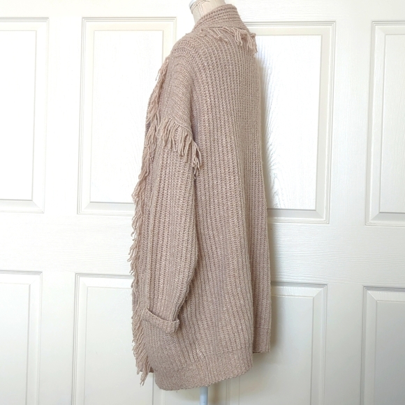 Anthropologie Amanza Fringed Cardigan Sweater Taupe - Picture 4 of 8